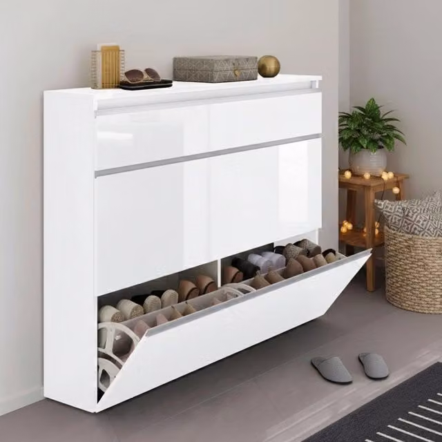 Scarpiera Amuri DMORA Bianco Lucido con capacità per 24 paia di scarpe L/P/H: 120 x 27 x 108 cm