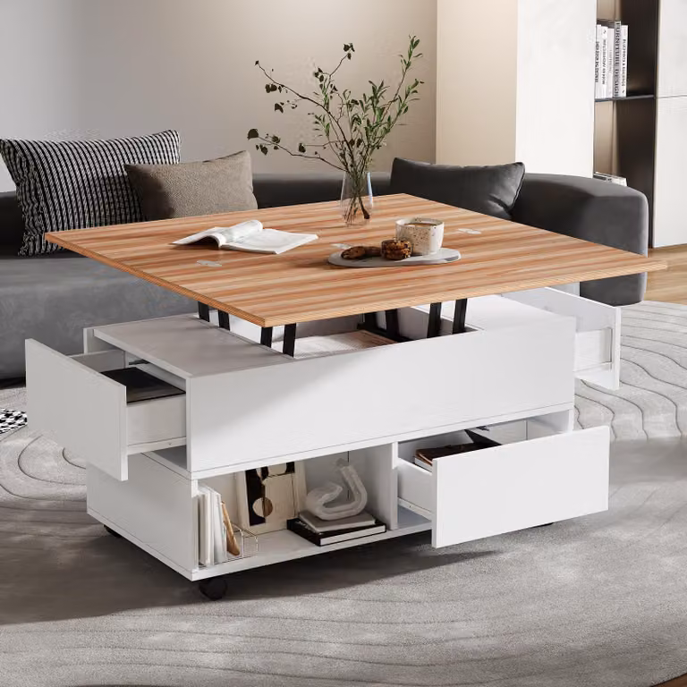 MODFU Tavolino multifunzionale con 4 cassetti e rotelle, regolabile in altezza, tavolino/comodino, colore bianco+legno