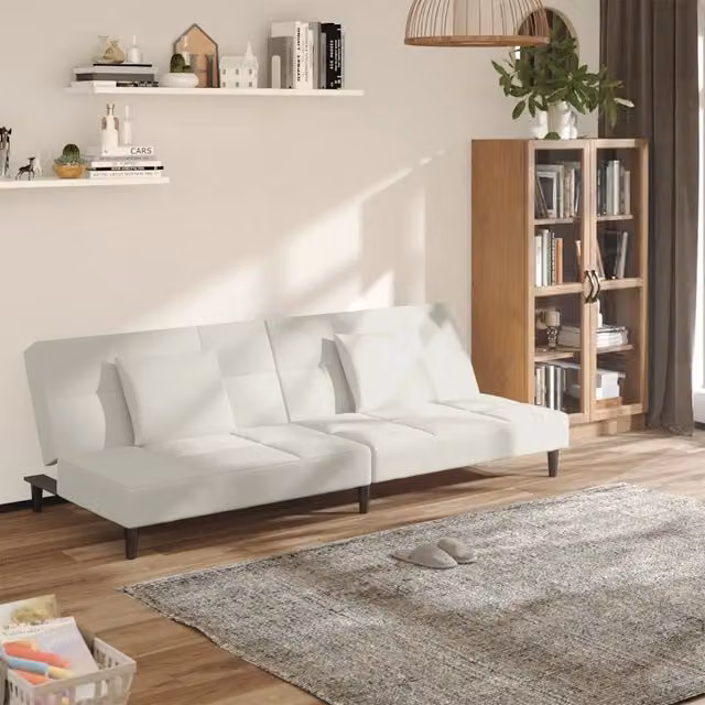 Divano Letto a 2 Posti con 2 Cuscini Crema in Velluto 375814