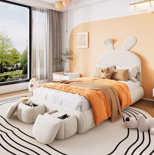 Letto imbottito 90x200 cm beige in velluto con LED e 2 pouf contenitore