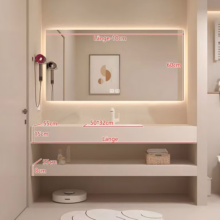 360Home Mobile da bagno con lavabo e specchio in beige Lavabo in Vetroceramica con ripiano 120 cm