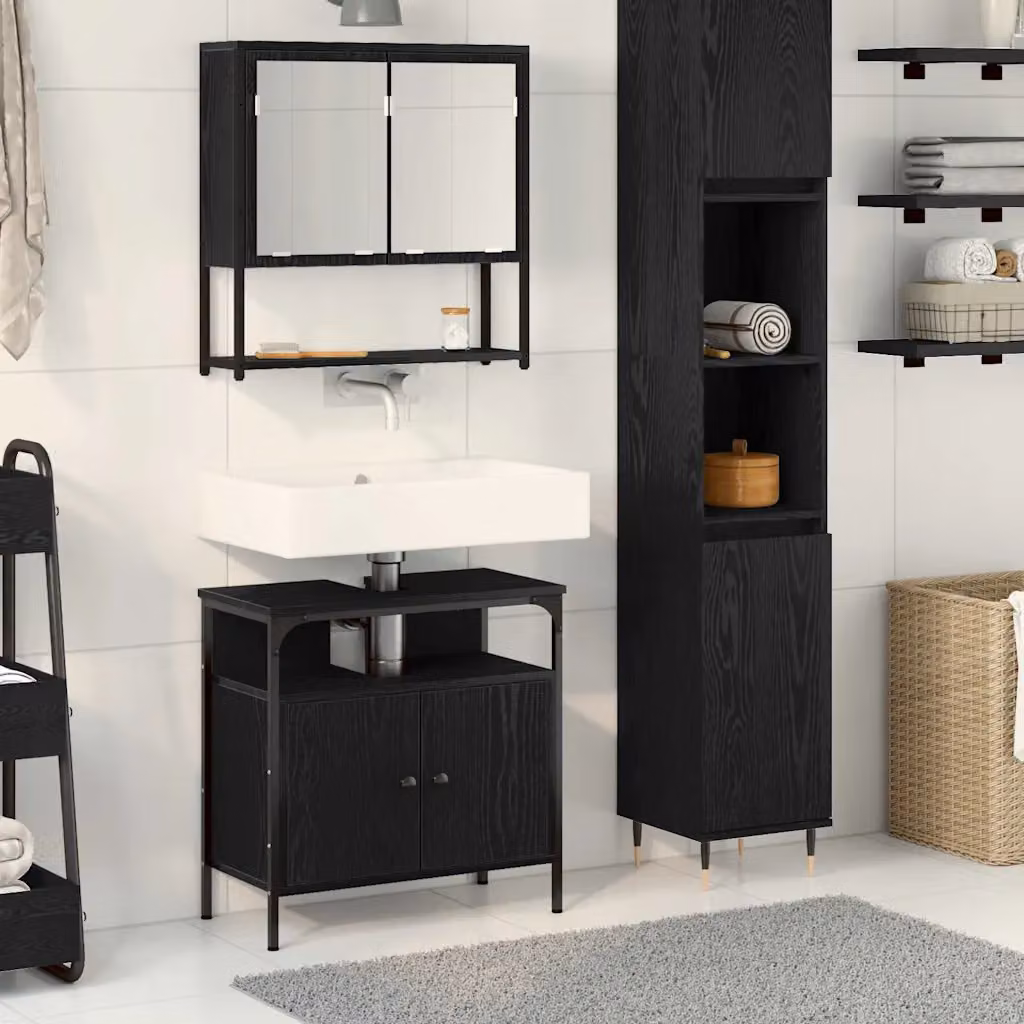 Set di mobili per il bagno moderno vidaXL composto da mobile lavabo e pensile con specchio, colore nero e marrone, in legno ingegnerizzato MDF