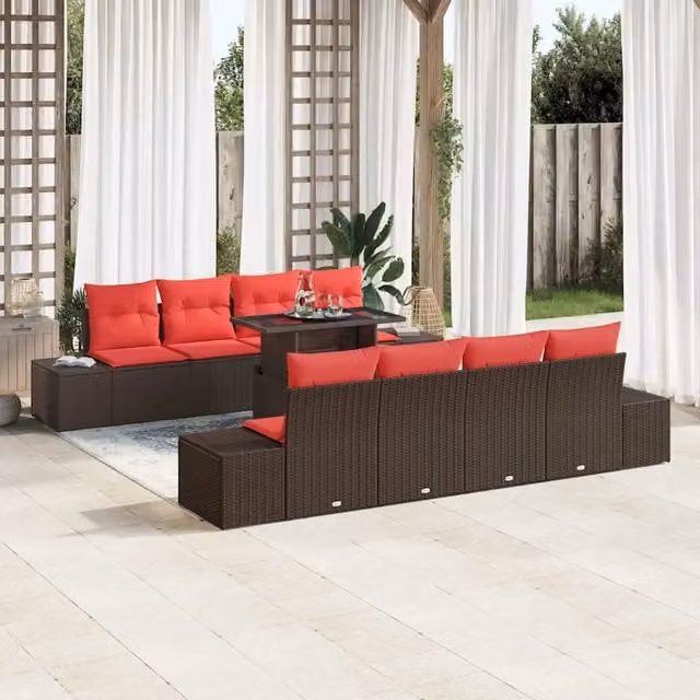 Set Divano da Giardino 9 pz 8-Numero di posti Marrone e Rosso 3349150
