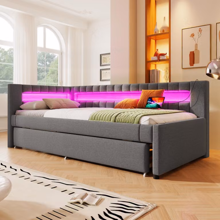 Divano letto STILVORA con rete, letto da giorno estensibile, letto imbottito 90×200 con contenitore, letto per ragazzi con USB + TYPE-C, struttura letto senza materasso
