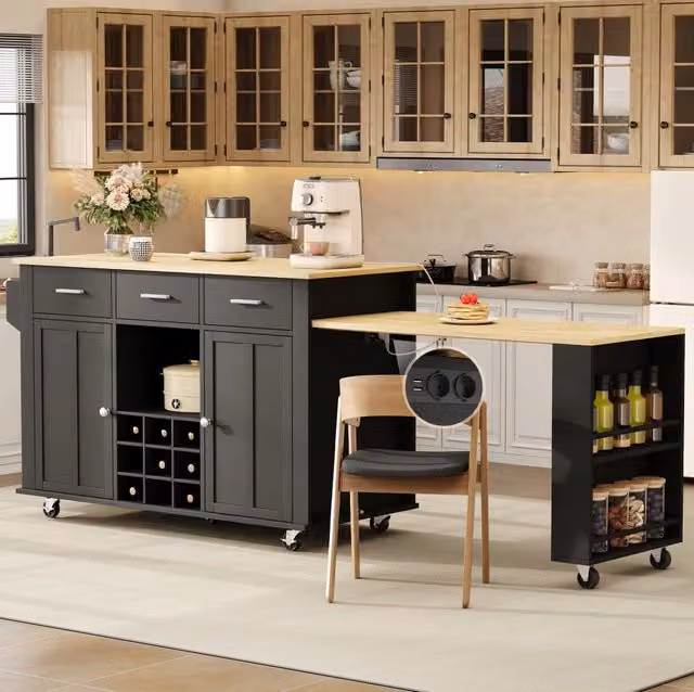 Isola cucina mobile con piano estraibile; 136(223)x50x93 cm; MDF; nero/naturale