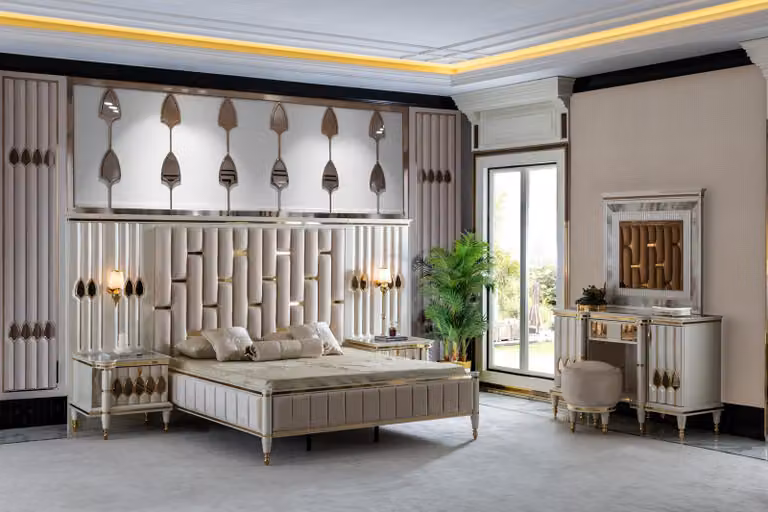 Schlafzimmer Set Beige Bett 2x Nachttische Schminktisch Spiegel Hocker 6tlg.