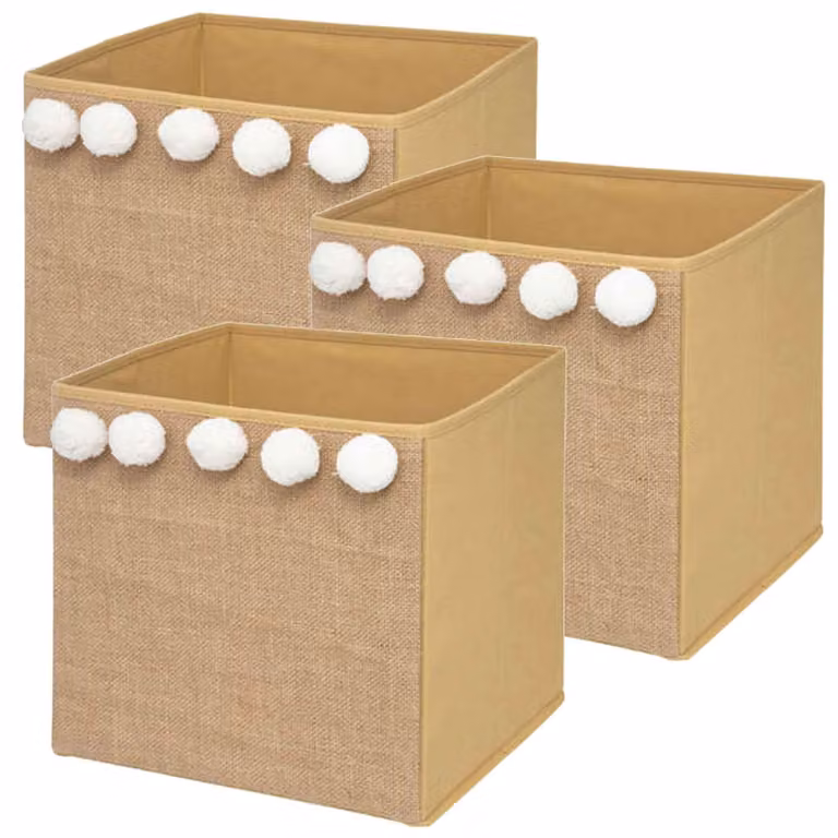 Omgoods - Set di 3 scatole portaoggetti per bambini con pompon in iuta