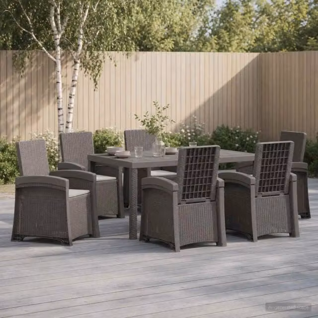 Set da pranzo da giardino moderno vidaXL in polyrattan grigio con tavolo rettangolare e 6 sedie
