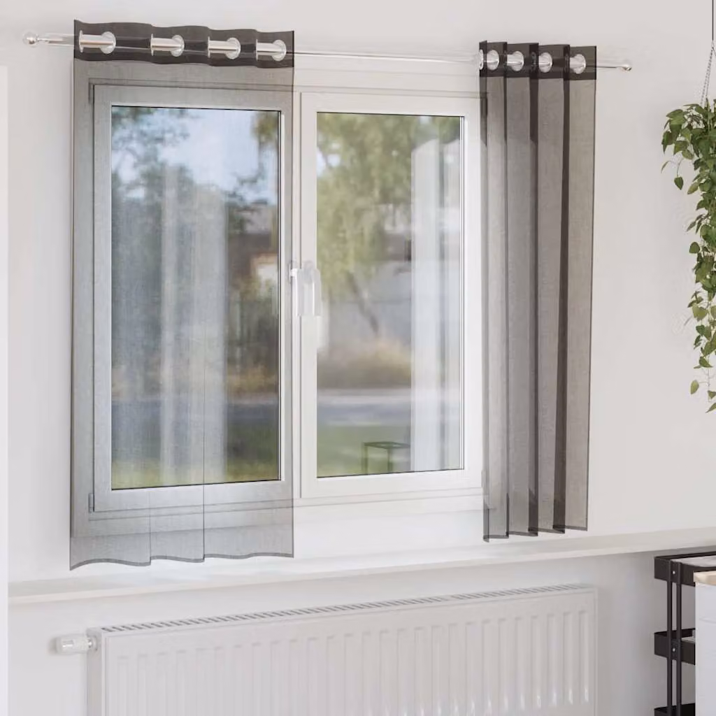 Set di 2 tende in voile semi-trasparenti vidaXL con occhielli, colore nero, L: 140 cm x H: 175 cm