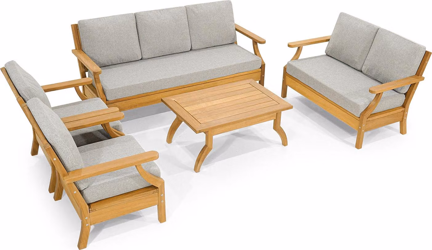 Hellgraue Terrassen Möbel Designer 3-Sitzer 2x Lehnsessel Couchtich 5tlg