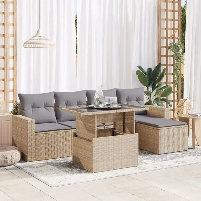Set Divano da Giardino a L con 6 Pezzi vidaXL, Colore Beige e Grigio, con Cuscini e Tavolino da Esterno – 1