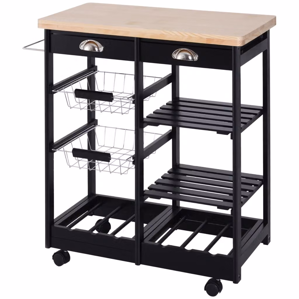 Carrello da cucina moderno XYLO con ruote, 2 cassetti, 2 cestini e 2 ripiani, colore nero, H 76 cm x L 74 cm x P 37 cm – 2