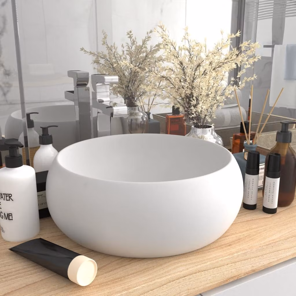 The Living Store Lussuoso lavabo rotondo bianco opaco 40x15 cm in Vetroceramica