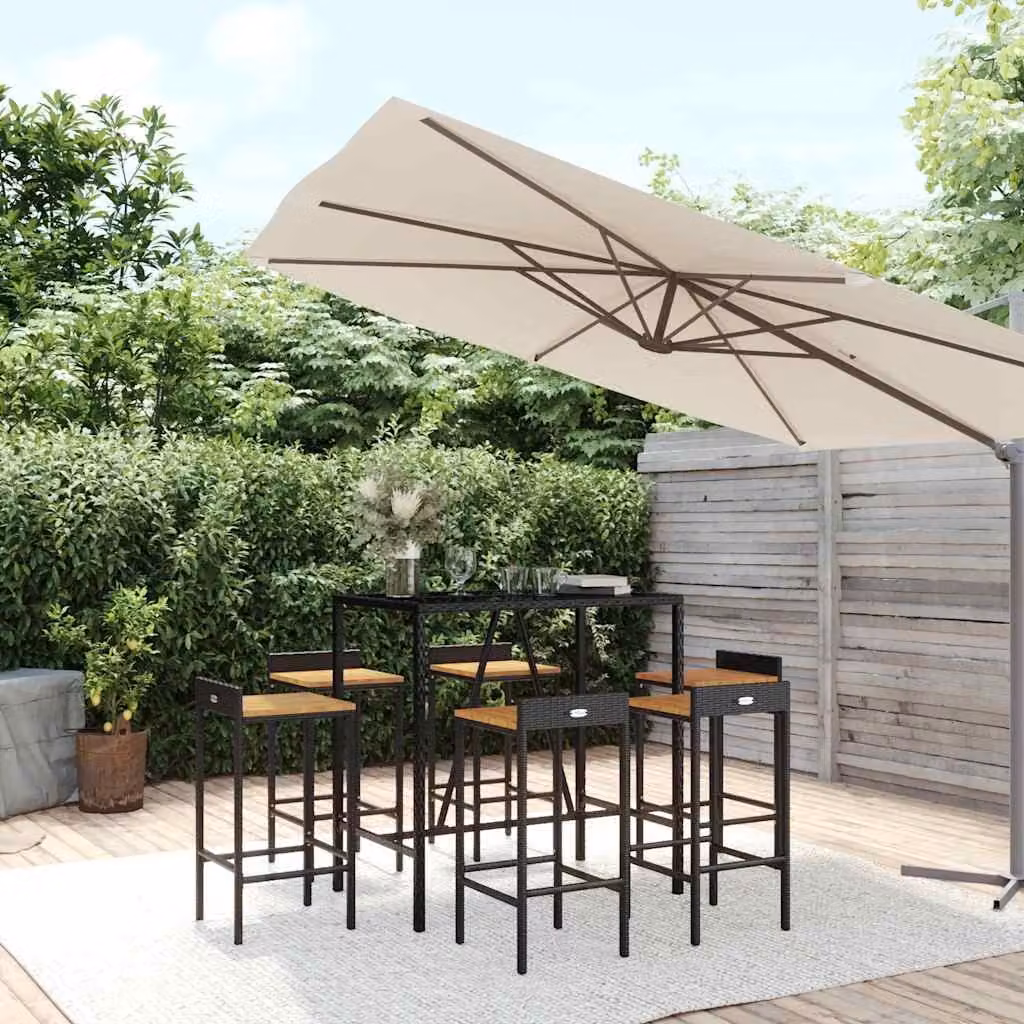 Set Bar Giardino vidaXL 7 pz Nero in Polyrattan e Legno di Acacia con Piano in Vetro