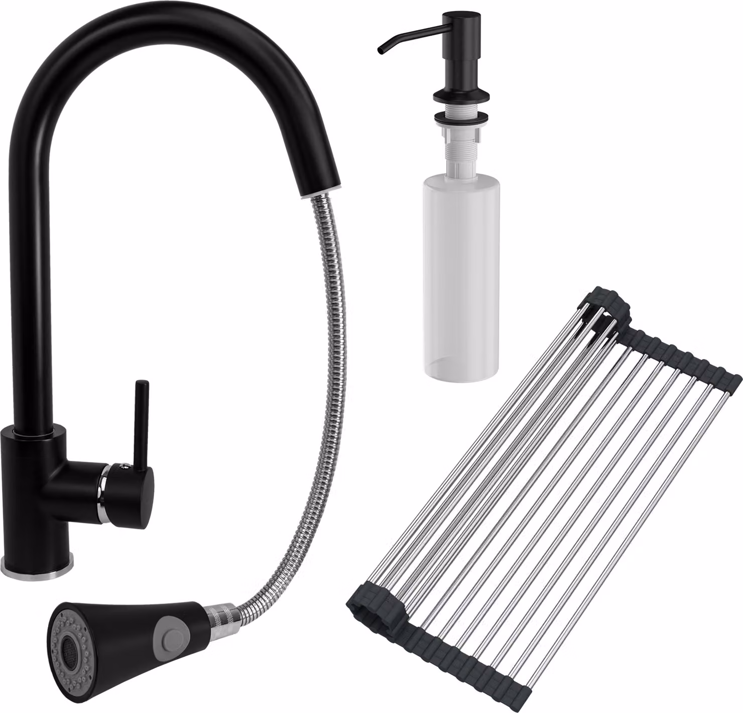 Granitan - Rubinetto da cucina - Rubinetto per lavello - Nero - con dispenser per sapone - Rubinetto da cucina