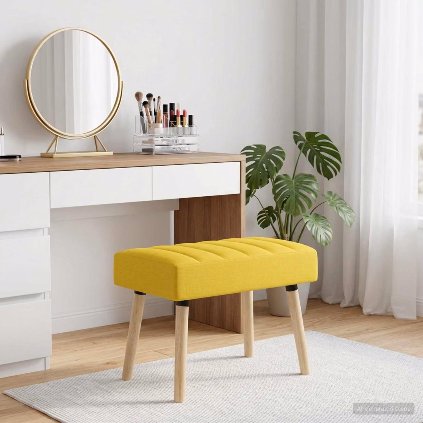 Panchina trapuntata moderna vidaXL in tessuto giallo con struttura in legno di gomma L: 60 cm, P: 40 cm, H: 45 cm