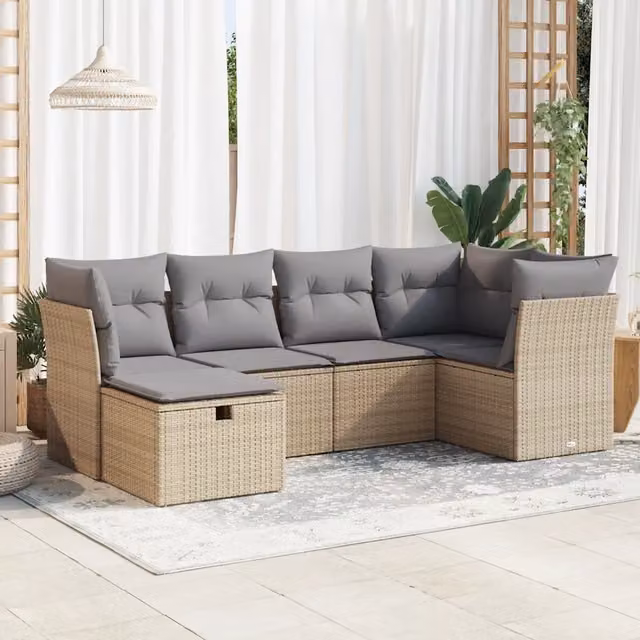 Set Divano da Giardino a L vidaXL con 6 Sedute, Cuscini Beige e Grigio e Struttura in Metallo e Polyrattan