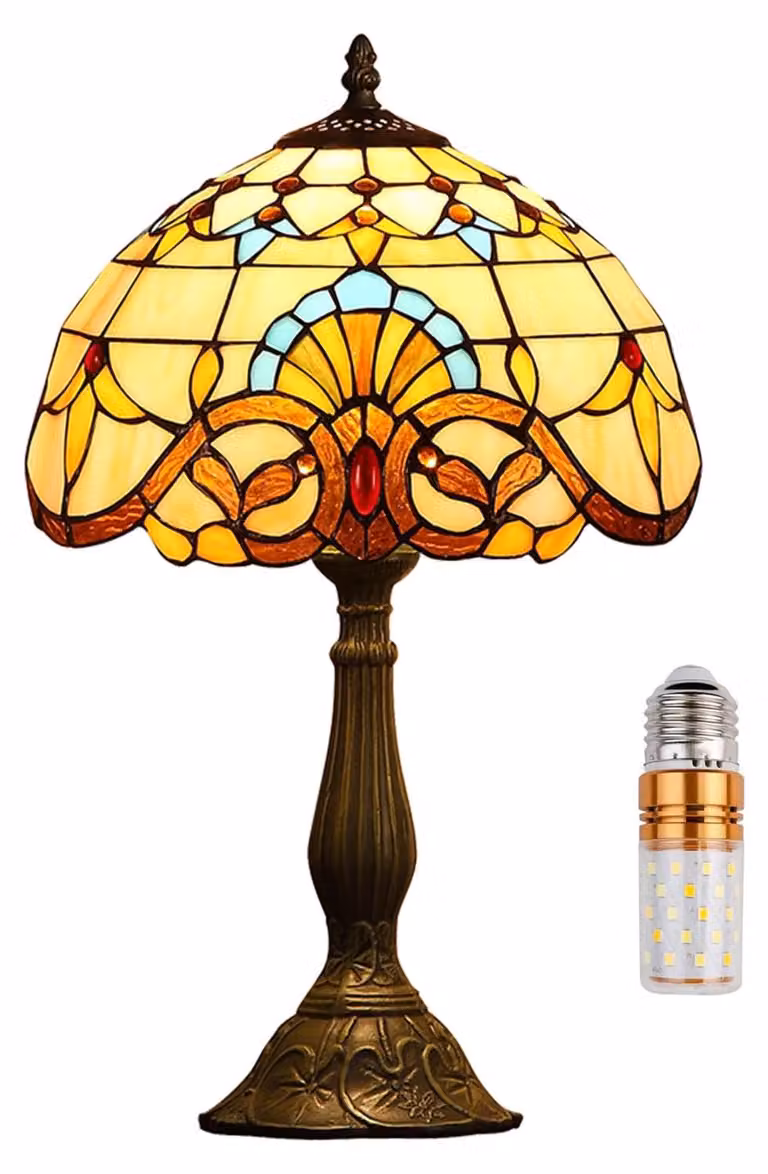 Lampada da tavolo in vetro colorato - Stile barocco - 30 x 30 x 48 cm - Paralume in vetro colorato a mosaico