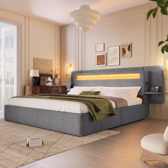 Letto imbottito 180x200 cm con contenitore ad alzata idraulica; LED multicolore e USB; grigio
