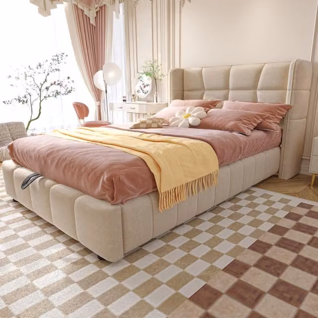 Letto contenitore 90 x 200 cm con contenitori e scrivania integrata, meccanismo idraulico, letto imbottito in tessuto beige con testiera contenitore