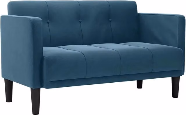 Divano da soggiorno moderno in velluto blu con cuscini inclusi L: 124 cm, P: 74,5 cm, H: 67 cm – 1