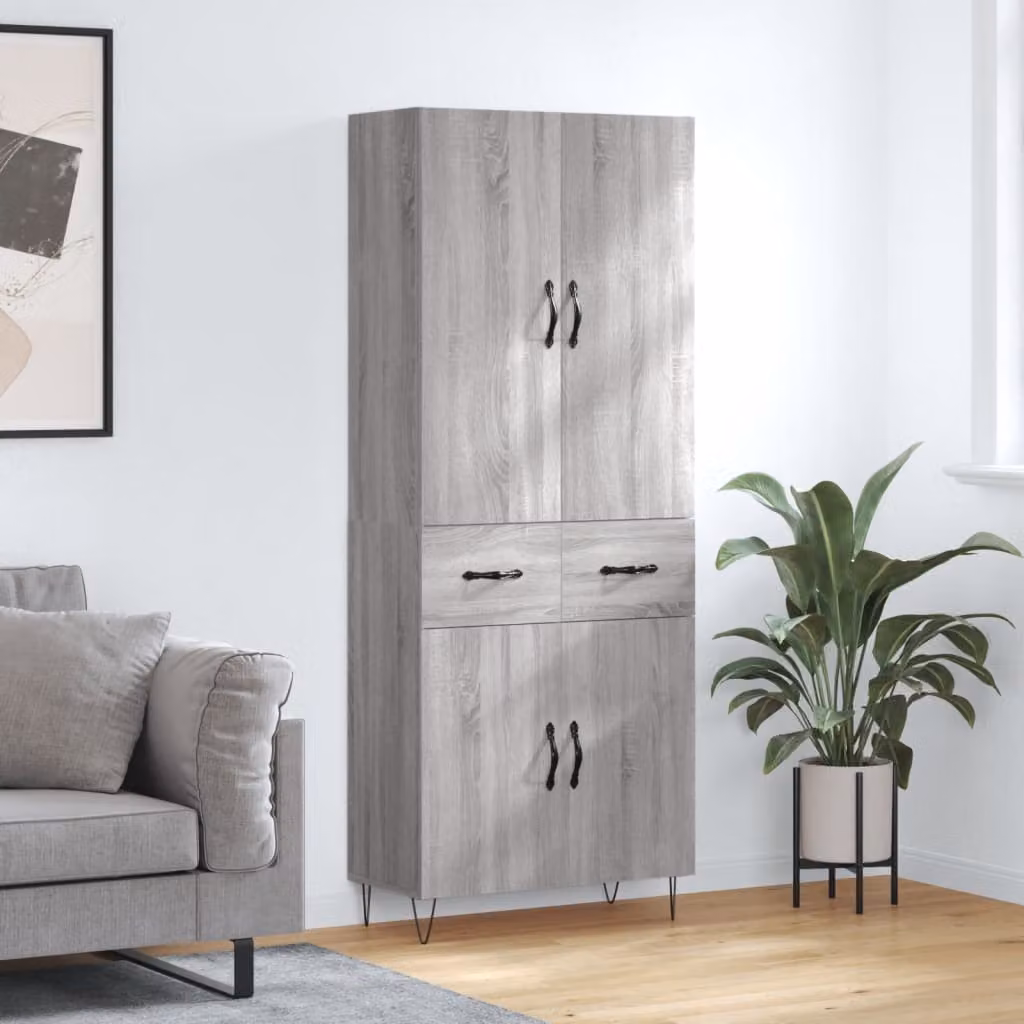 Credenza moderna vidaXL in legno multistrato e metallo, colore Grigio Sonoma, L: 69,5 cm, P: 34 cm, H: 180 cm