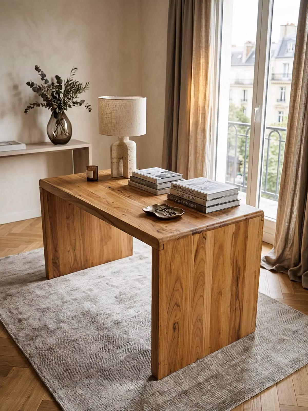 Scrivania BOHA in legno massello di acacia, scrivania per computer larga 140 cm, design in vero legno, ripiano, scrivania da ufficio in stile rustico