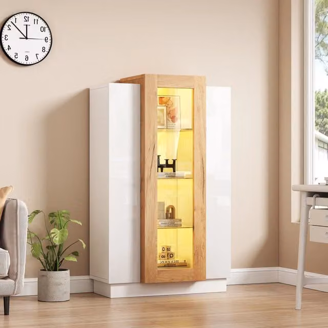 Vetrina da soggiorno WISHDOR moderna con ante in vetro, illuminazione integrata e finitura bianca lucida, L: 74 cm, P: 40 cm, H: 120 cm