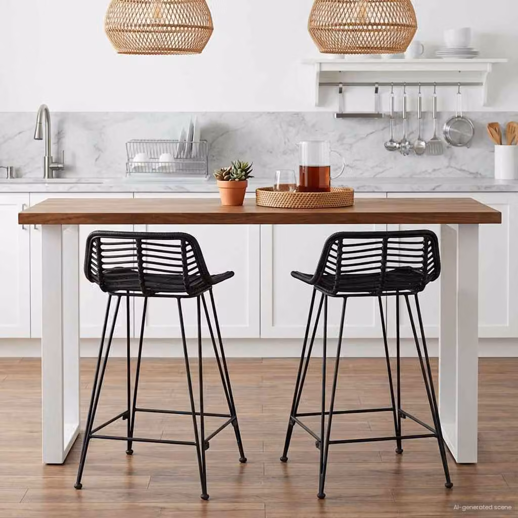 Set di 2 sgabelli da bar vidaXL in rattan e metallo nero, L 44 cm x P 45 cm x H 76 cm