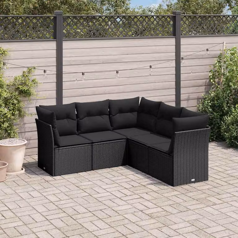 vidaXL Set Divani da Giardino 5 pz a Forma di L in Polyrattan Nero con Cuscini e Coperture Rimovibili