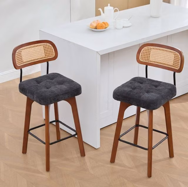 Set di 2 Sgabelli da Bar in Ciniglia 44x51x96 cm; Girevoli a 360° con Schienale in Rattan; Neri; per Cucina e Bar