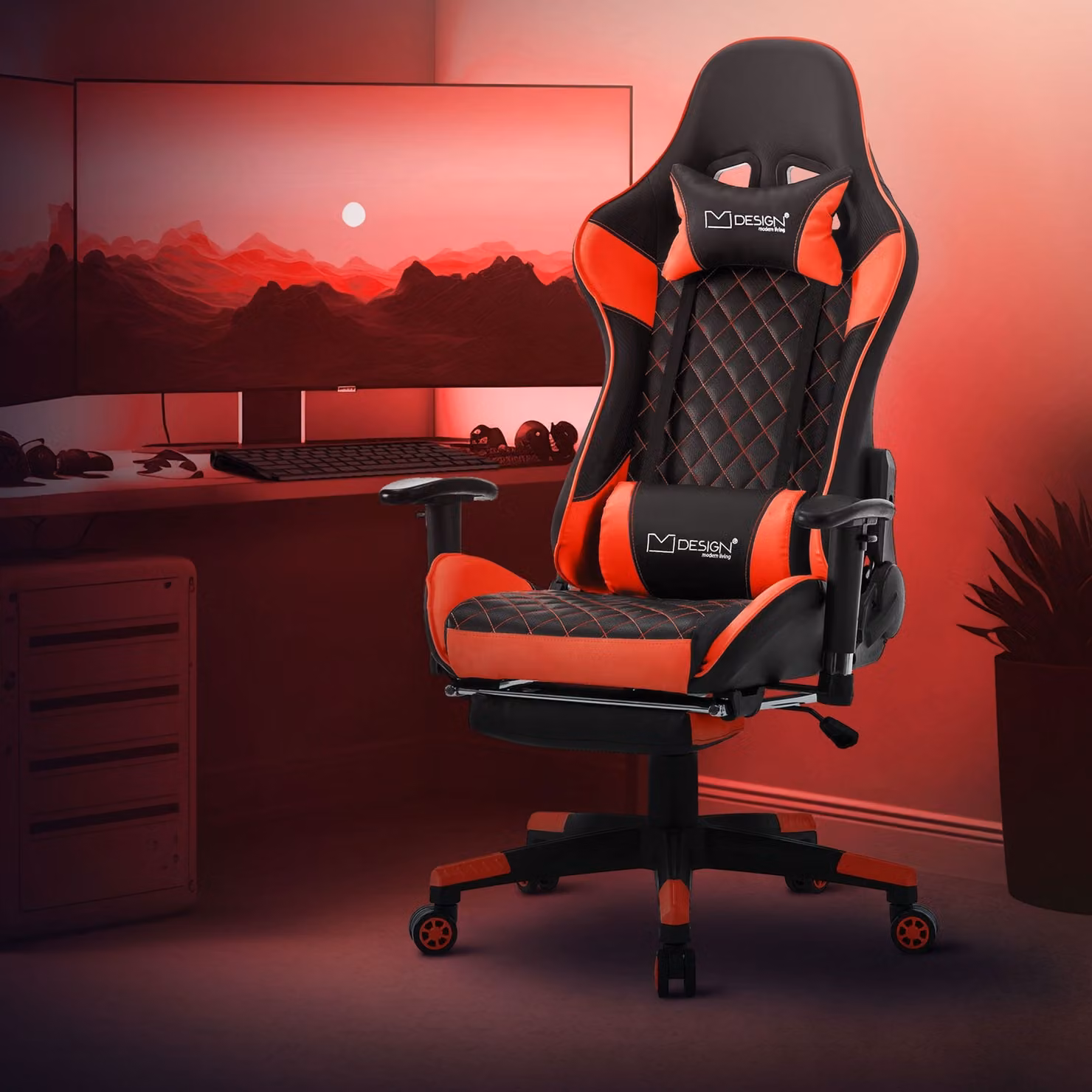 Sedia da gioco ML-Design con poggiapiedi, nero/rosso, in pelle artificiale, ergonomica