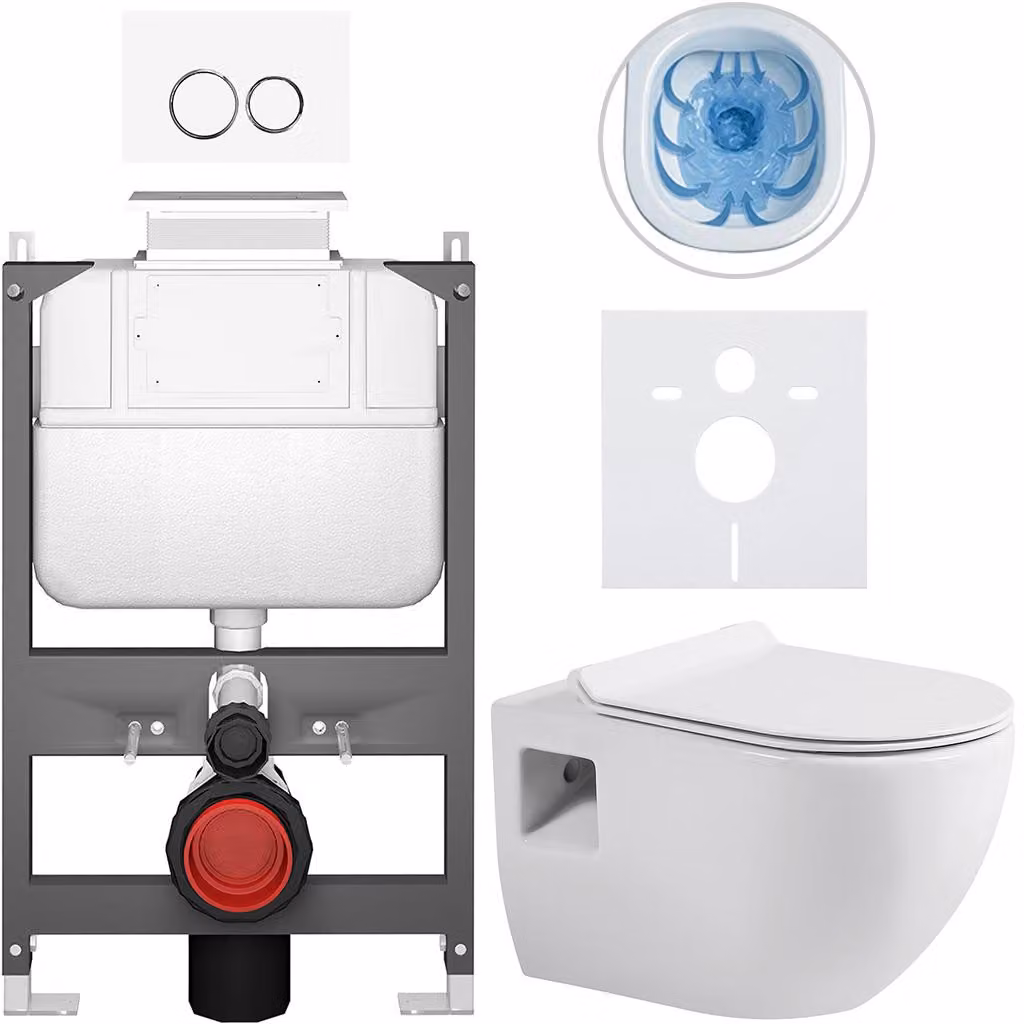 Set completo per WC sospeso Dure - bianco lucido - pulsante Prime/Duoalo, bianco - comando superiore - installazione a parete/cartongesso - 51x35 cm