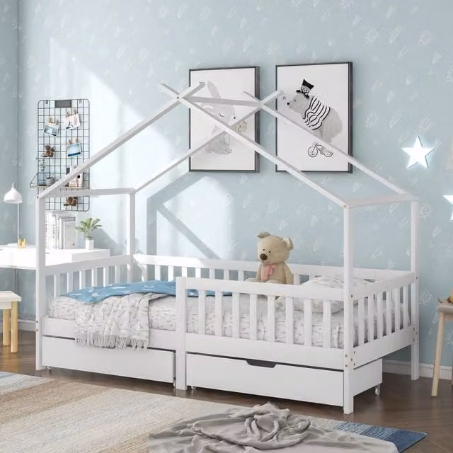 Letto a casetta per bambini con 2 cassetti, legno massello, recinzione e rete a doghe, protezione anticaduta - Bianco 200x90 cm