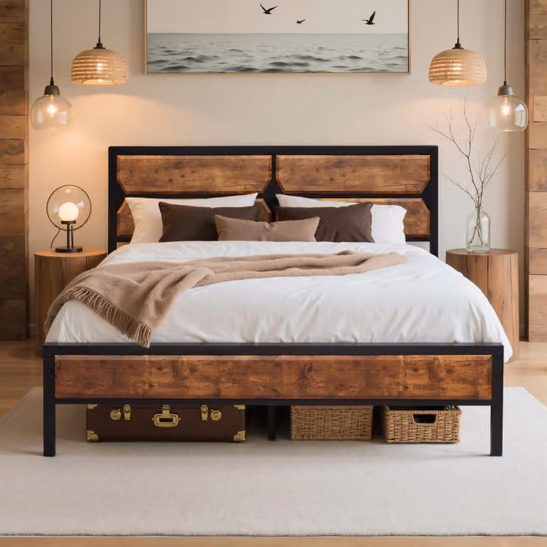 Letto matrimoniale VECELO, 140x200 cm, struttura in metallo e legno, con rete a doghe, silenzioso