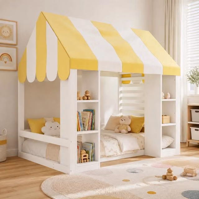 Letto per bambini stile country con baldacchino, 90 x 200 cm, con spazio di archiviazione aperto e struttura in legno bianco