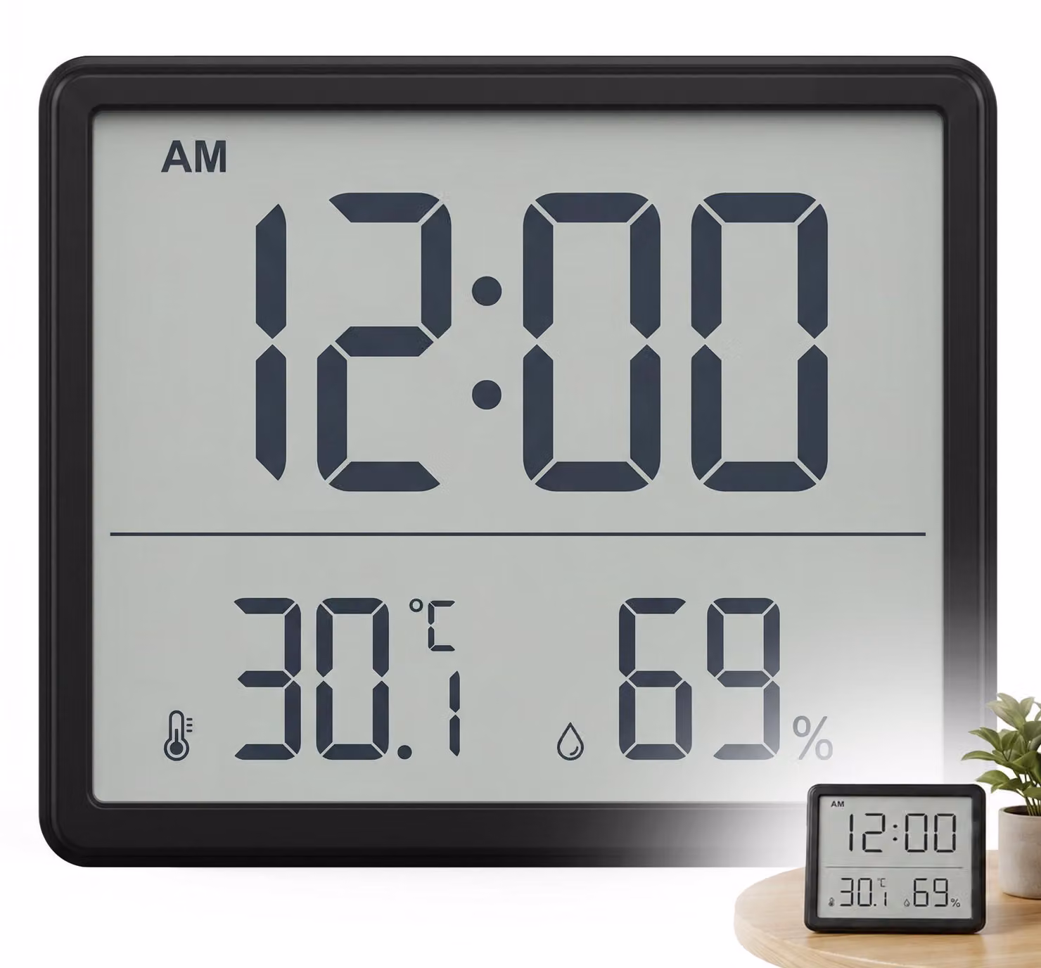 Termometro-igrometro digitale con orologio, formato 12/24 ore, colore nero