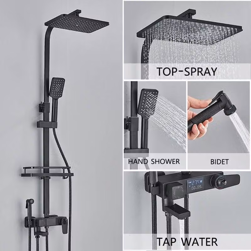 Set di miscelatore termostatico per doccia – Sistema doccia a pioggia con display digitale – Doccetta superiore da 20–30 cm, soffione manuale e bocchetta per vasca – Montaggio a parete – Nero