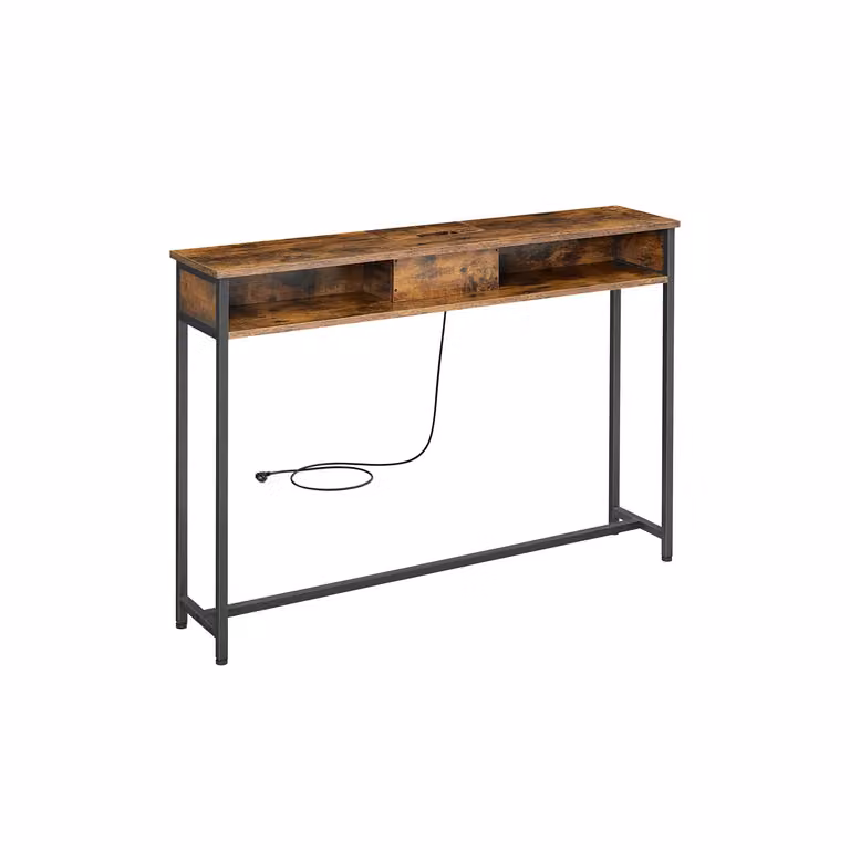 Tavolo Consolle con Multipresa, Marrone Vintage + Nero Inchiostro