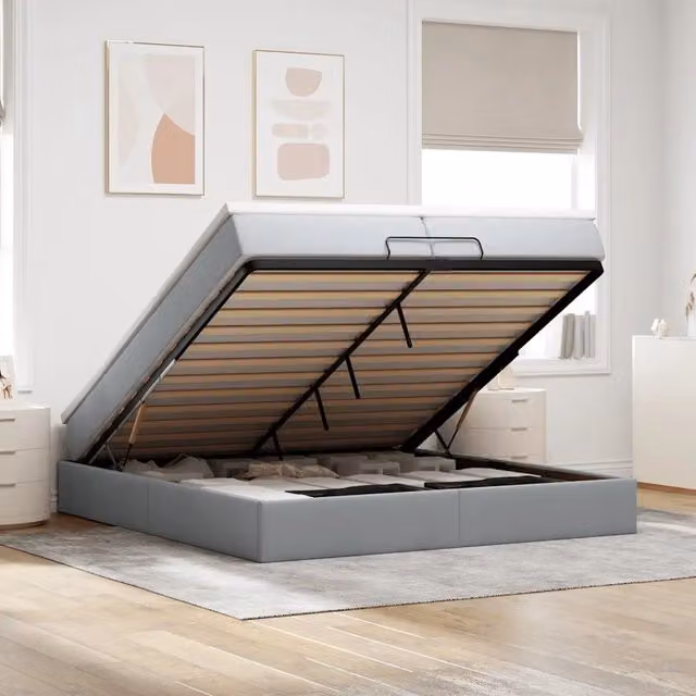Letto con contenitore a sollevamento vidaXL in tessuto grigio e bianco L: 200 cm, P: 200 cm, H: 23,5 cm – 1