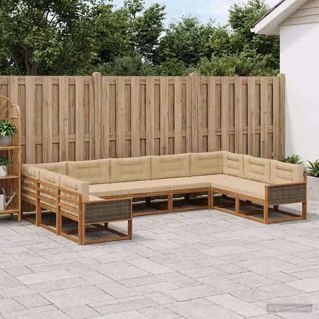 Set di divani da esterno a L vidaXL in legno di acacia con cuscini, colore beige e sabbia