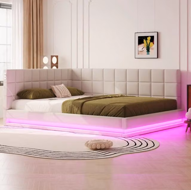 Divano letto imbottito 160x200 con luci LED; USB; rete a doghe; lino; beige