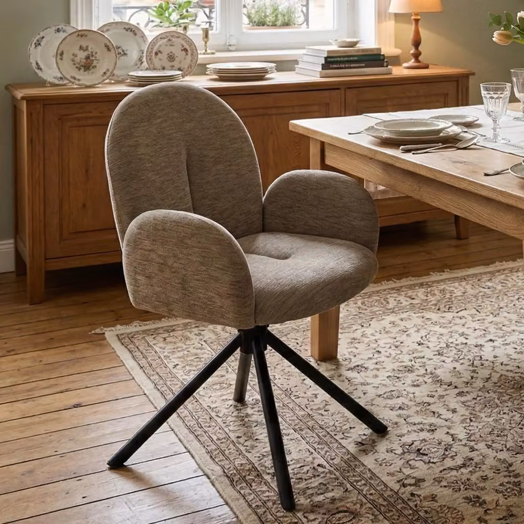 Set di 2 sedie girevoli OKWISH con braccioli in ciniglia beige e metallo nero per sala da pranzo o ufficio, L 60 cm x P 57 cm x H 60 cm – 2