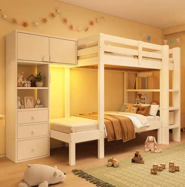 Letto a castello sfalsato 90x200 cm in legno massello e MDF, bianco, con armadio e luce LED