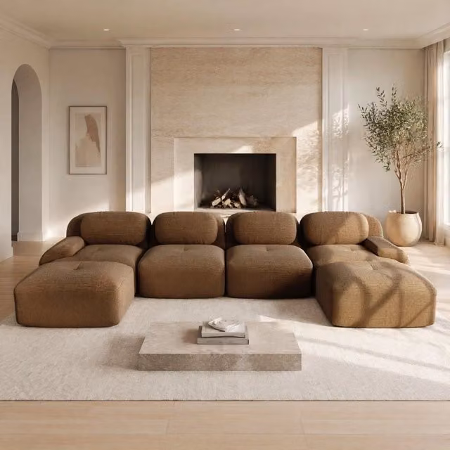 Divano angolare modulare MODFU in tessuto a coste marrone L/P/H: 388 x 178 x 70 cm