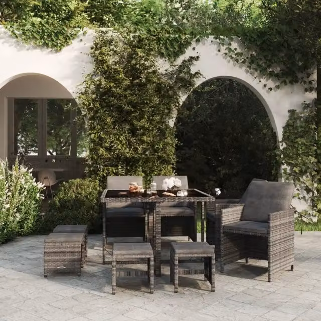 Set Pranzo da Giardino 9 pz con Cuscini in Polyrattan Grigio 3095511