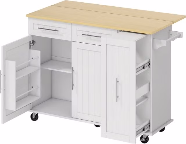 Isola da cucina mobile HOMCOM con superficie estendibile, armadietto, cassetti e portasalviette in MDF, bianco