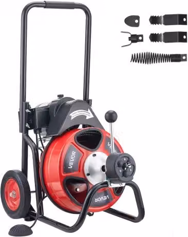 VEVOR Macchina per la Pulizia degli Scarichi Rossa in Acciaio con 4 Lame, Trivella per Fognatura Automatica su Ruote e Interruttore a Pedale per Tubi da 50 mm a 150 mm, Cavo 22 m x 13 mm
