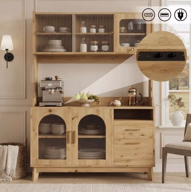 Credenza alta da cucina 120x40x178 cm in truciolare colore legno; con prese USB e frontale acrilico