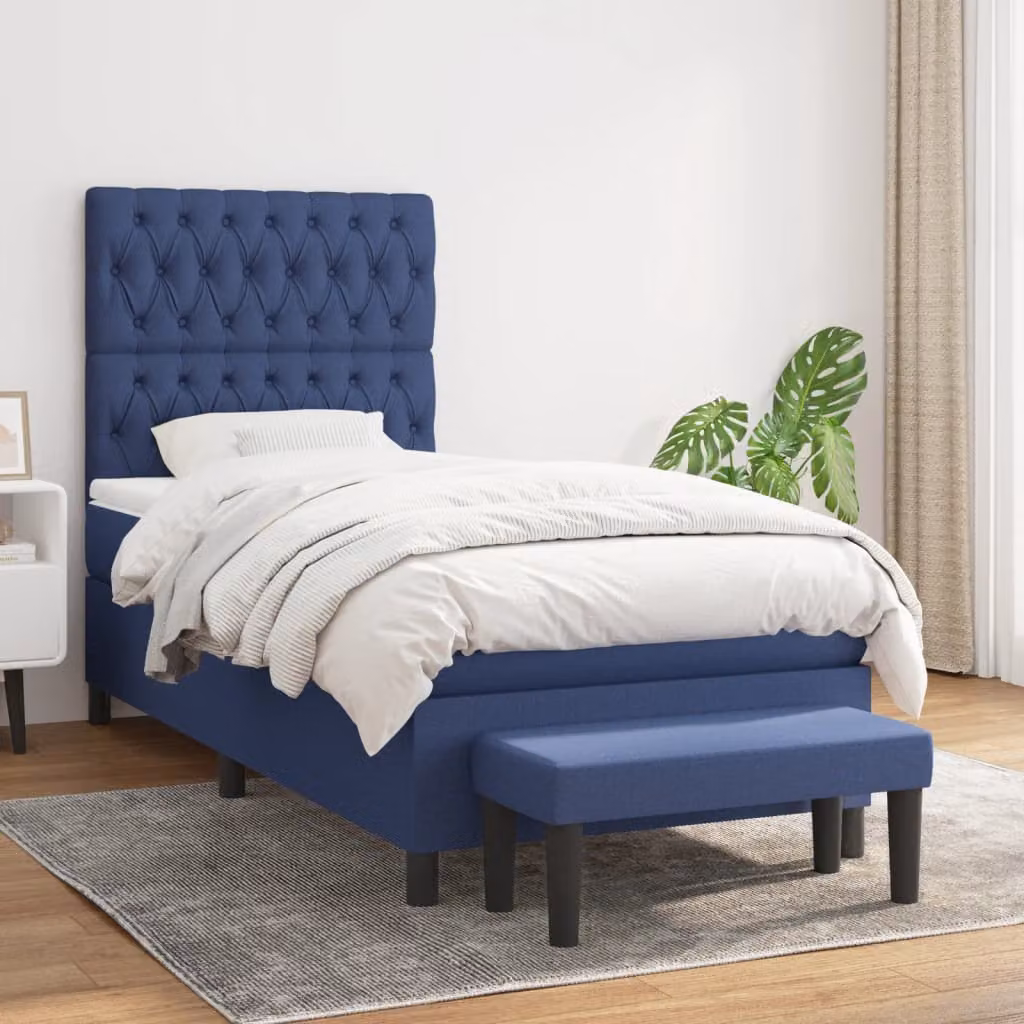 vidaXL Letto Ibrido con Giroletto a Molle e Materasso in Tessuto Blu e Bianco L/P/H: 200 x 100 x 128 cm